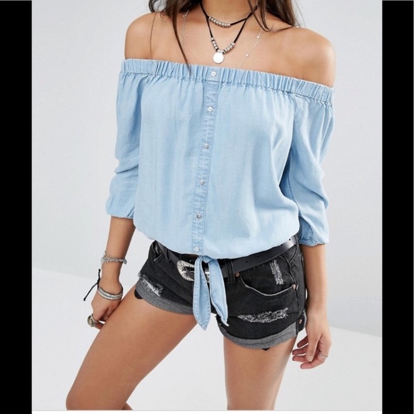 ASOS River Island Tie Front Off the Shoulder Top - Picture 1 of 8